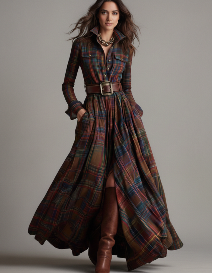 Beatriz - Vestido Largo de Cuadros con Cinturón
